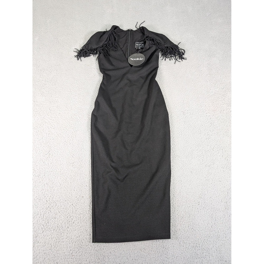 Nookie Dress Womens Extra Small Black Mendez Midi Fringe‎ Sleeve Party XS New